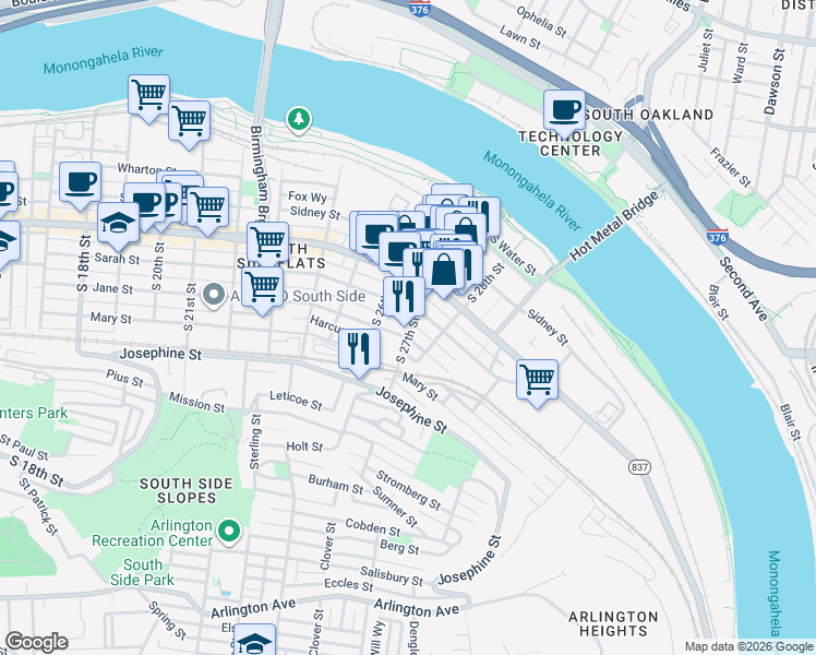 map of restaurants, bars, coffee shops, grocery stores, and more near 63 South 27th Street in Pittsburgh