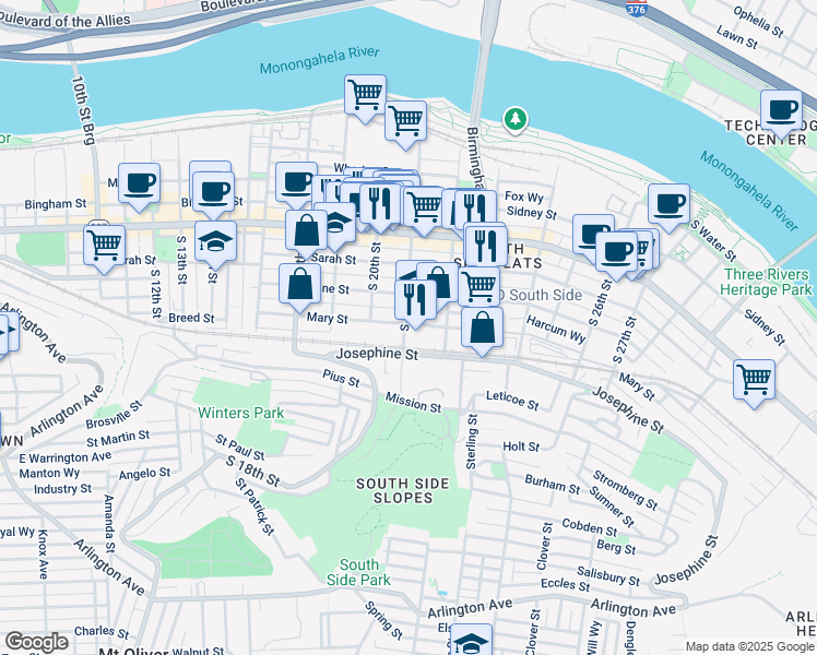 map of restaurants, bars, coffee shops, grocery stores, and more near 2014 Josephine Street in Pittsburgh