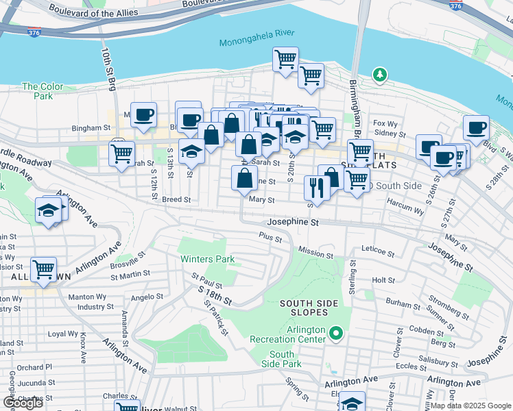 map of restaurants, bars, coffee shops, grocery stores, and more near 152 Pius Street in Pittsburgh