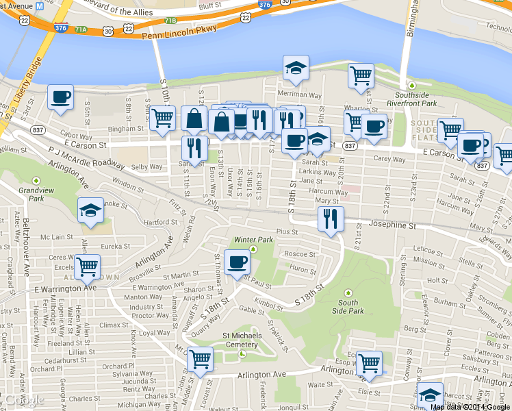map of restaurants, bars, coffee shops, grocery stores, and more near 1516 Clinton Street in Pittsburgh