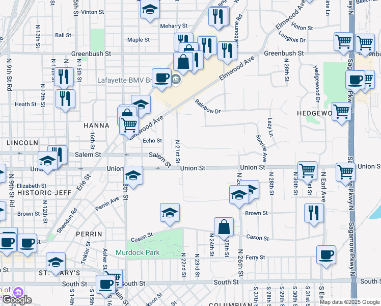 map of restaurants, bars, coffee shops, grocery stores, and more near 2401 Union Street in Lafayette