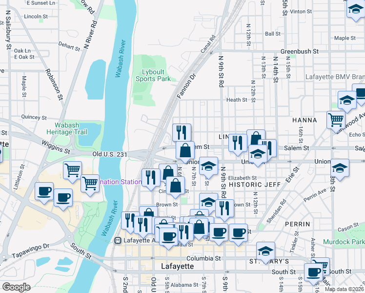 map of restaurants, bars, coffee shops, grocery stores, and more near 809 North 6th Street in Lafayette
