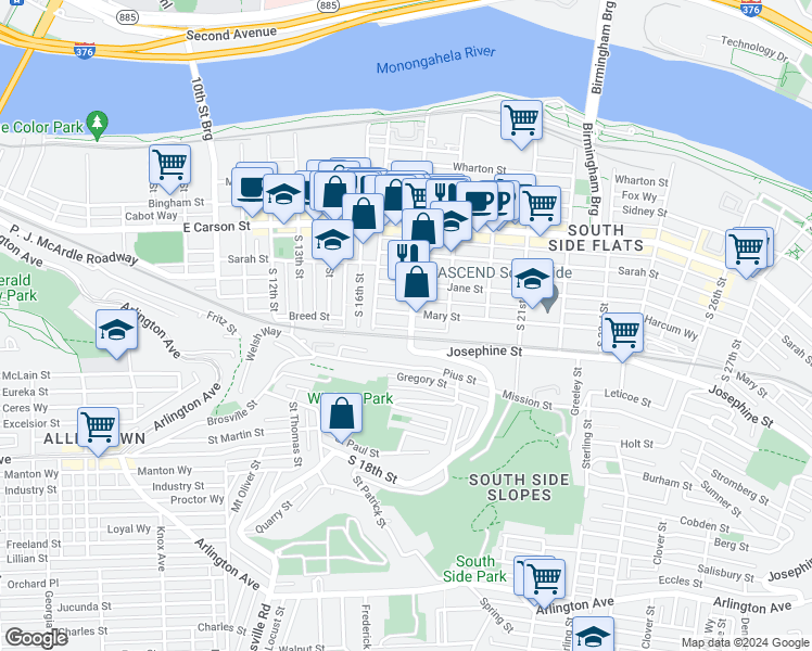 map of restaurants, bars, coffee shops, grocery stores, and more near 164 South 18th Street in Pittsburgh