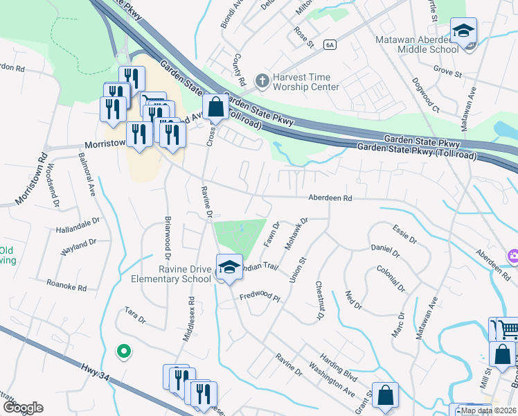 map of restaurants, bars, coffee shops, grocery stores, and more near 130 Aberdeen Road in Matawan