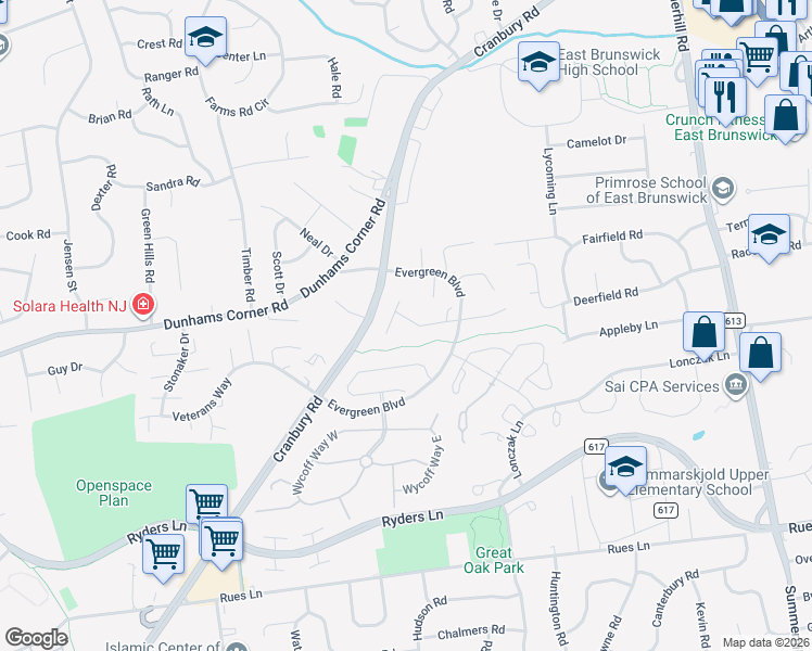 map of restaurants, bars, coffee shops, grocery stores, and more near 66 Rice Run in East Brunswick
