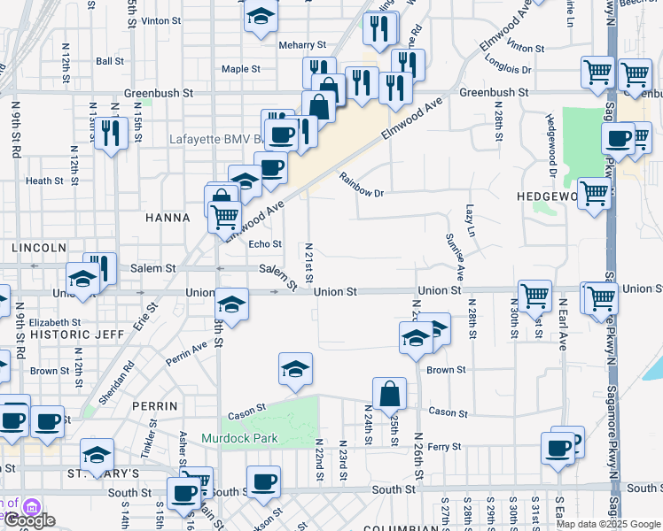 map of restaurants, bars, coffee shops, grocery stores, and more near 829 North 21st Street in Lafayette