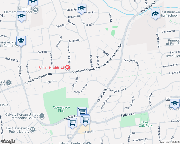 map of restaurants, bars, coffee shops, grocery stores, and more near 9 Van Arsdale Court in East Brunswick