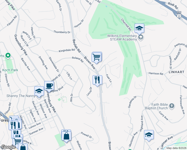 map of restaurants, bars, coffee shops, grocery stores, and more near 562 Lucia Drive in Pittsburgh