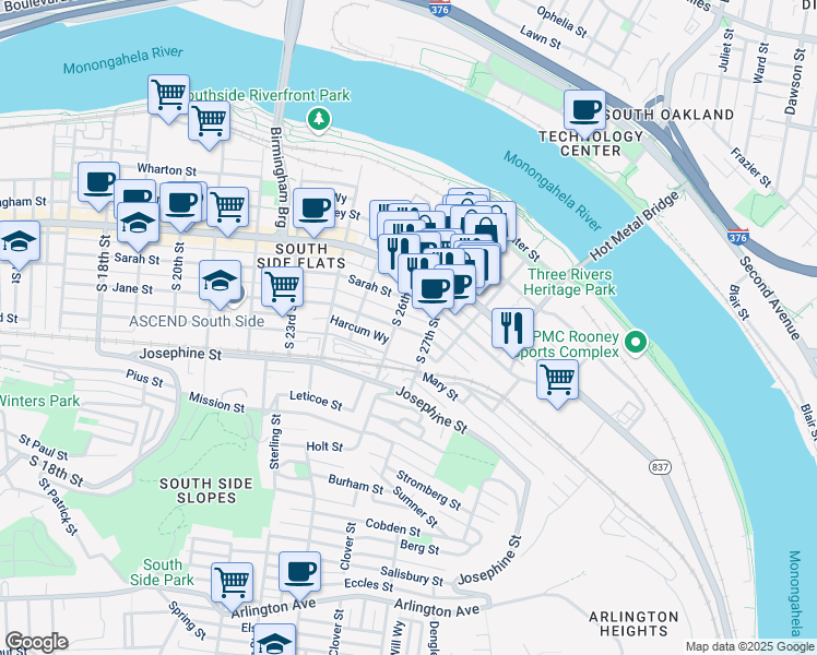 map of restaurants, bars, coffee shops, grocery stores, and more near 2609 Jane Street in Pittsburgh