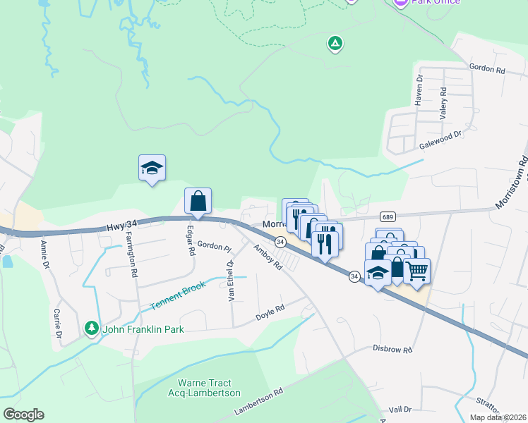 map of restaurants, bars, coffee shops, grocery stores, and more near 53 Ellen Heath Drive in Matawan