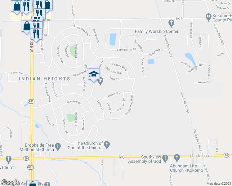 map of restaurants, bars, coffee shops, grocery stores, and more near 1205 Wigwam Drive in Kokomo