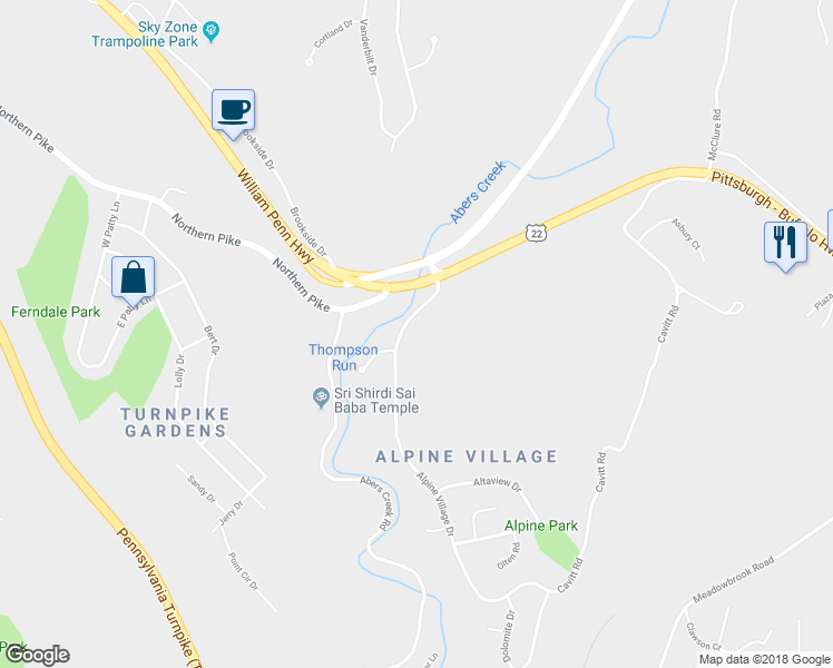 map of restaurants, bars, coffee shops, grocery stores, and more near 117 Alpine Village Drive in Monroeville