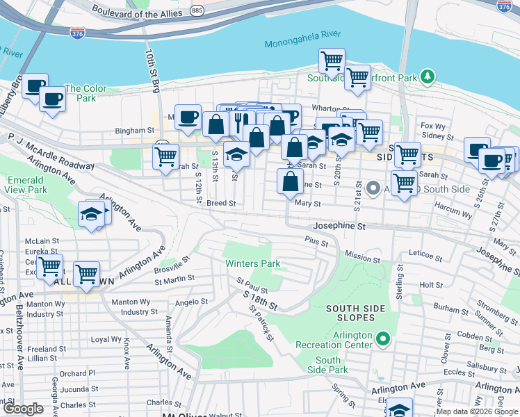 map of restaurants, bars, coffee shops, grocery stores, and more near 166 South 16th Street in Pittsburgh