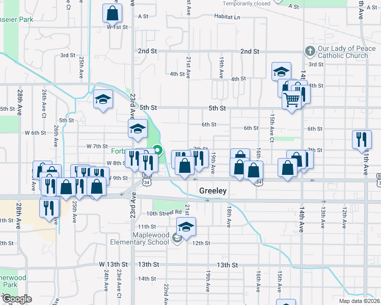 map of restaurants, bars, coffee shops, grocery stores, and more near 625 20th Avenue in Greeley