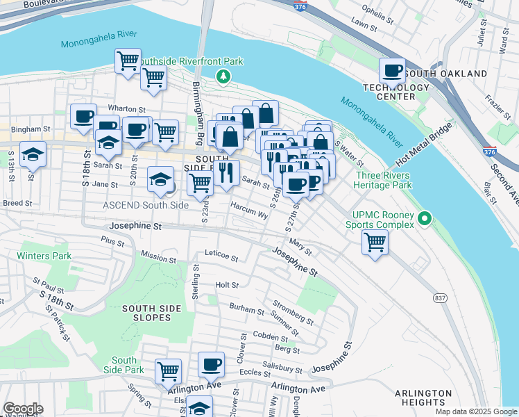 map of restaurants, bars, coffee shops, grocery stores, and more near 2517 Larkins Way in Pittsburgh