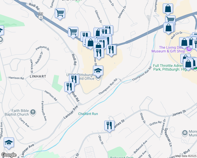 map of restaurants, bars, coffee shops, grocery stores, and more near 777 Penn Center Boulevard in Pittsburgh