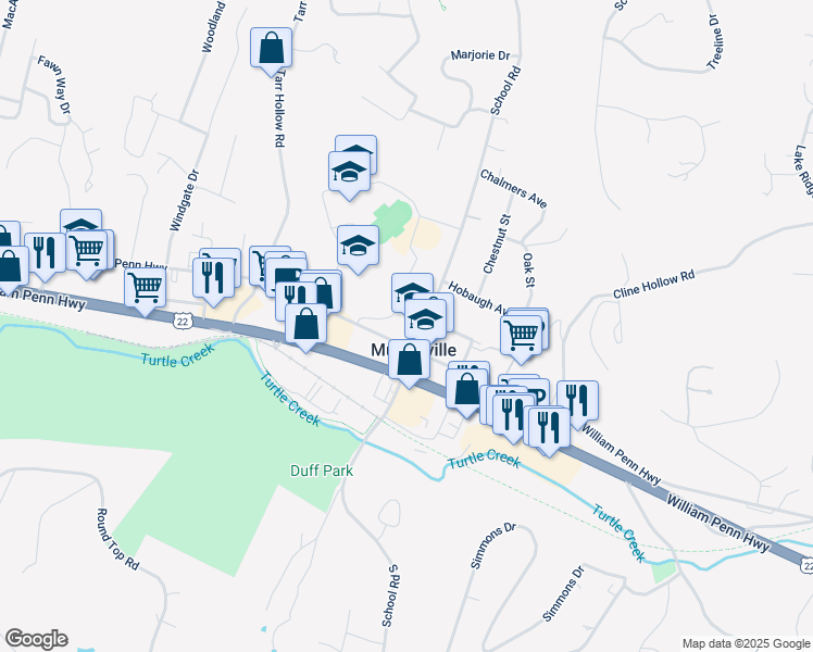 map of restaurants, bars, coffee shops, grocery stores, and more near 3170 School Road in Murrysville
