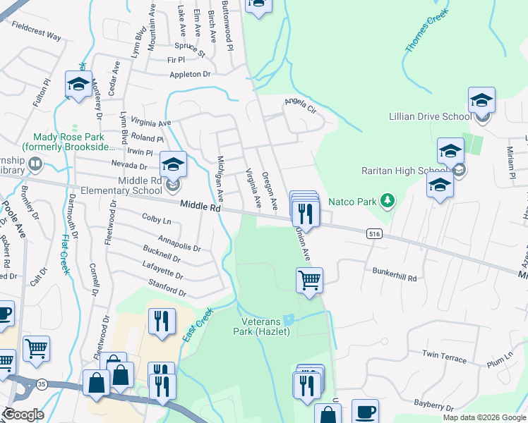map of restaurants, bars, coffee shops, grocery stores, and more near 5 Virginia Avenue in Hazlet
