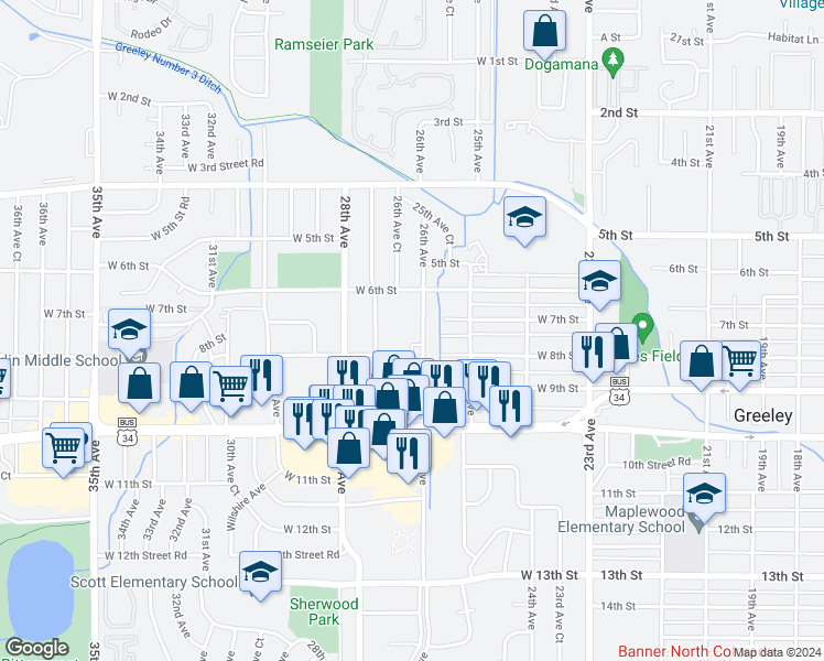map of restaurants, bars, coffee shops, grocery stores, and more near 705 26th Avenue in Greeley