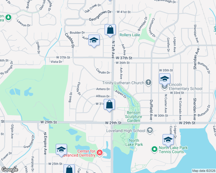 map of restaurants, bars, coffee shops, grocery stores, and more near 1455 Caddoa Drive in Loveland