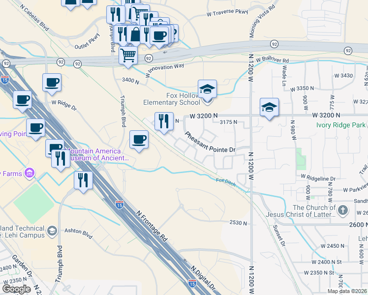map of restaurants, bars, coffee shops, grocery stores, and more near 1574 WestBury Way in Lehi