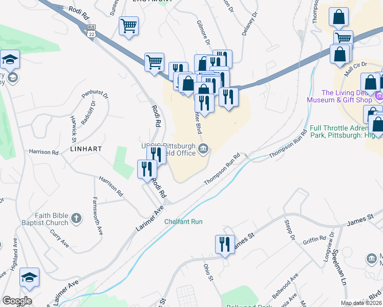 map of restaurants, bars, coffee shops, grocery stores, and more near in Wilkins Township
