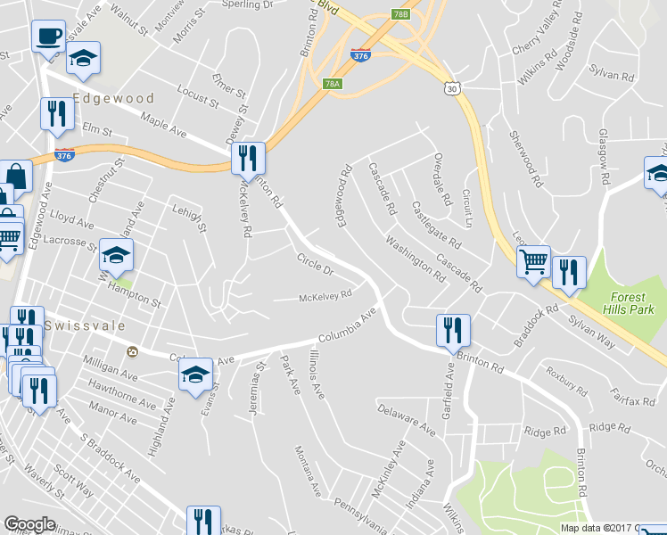 map of restaurants, bars, coffee shops, grocery stores, and more near 1069 Brinton Road in Pittsburgh