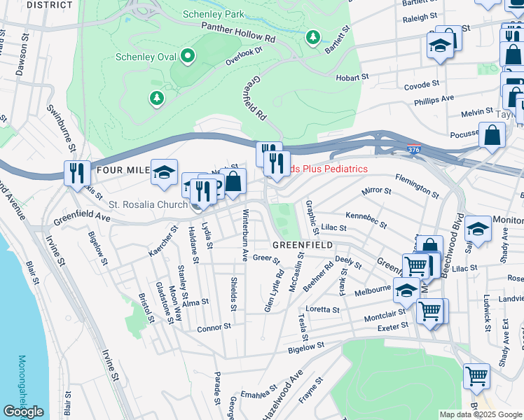 map of restaurants, bars, coffee shops, grocery stores, and more near 605 Greenfield Avenue in Pittsburgh