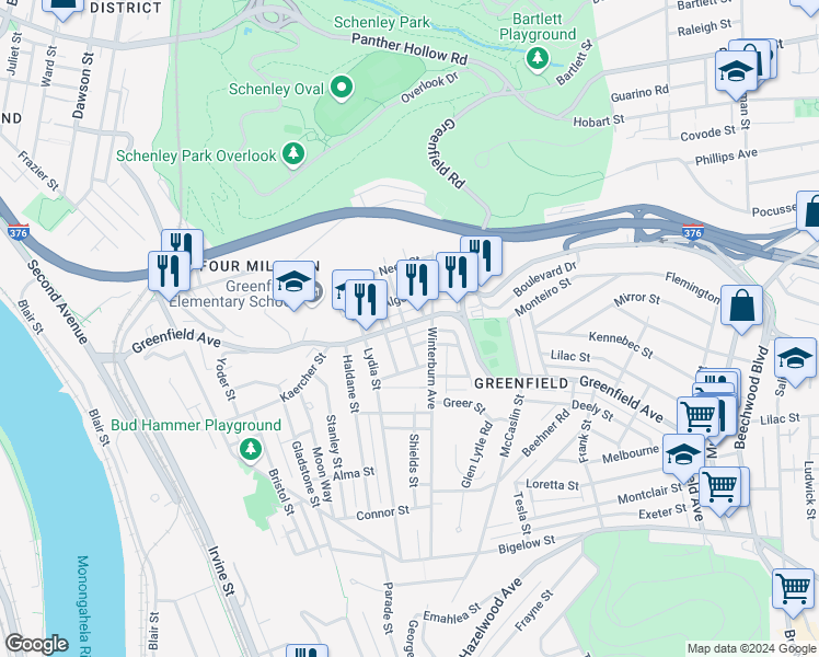 map of restaurants, bars, coffee shops, grocery stores, and more near in Pittsburgh
