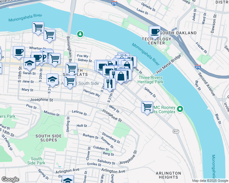 map of restaurants, bars, coffee shops, grocery stores, and more near 2619 Sarah Street in Pittsburgh