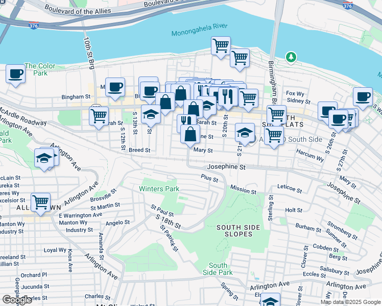 map of restaurants, bars, coffee shops, grocery stores, and more near 1819 Harcum Way in Pittsburgh