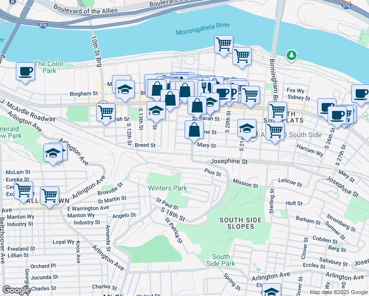 map of restaurants, bars, coffee shops, grocery stores, and more near 1717 Harcum Way in Pittsburgh