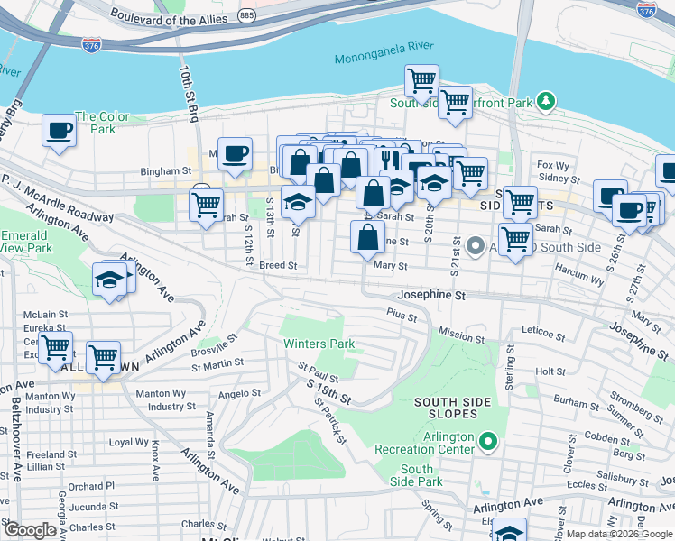 map of restaurants, bars, coffee shops, grocery stores, and more near 1717 Harcum Way in Pittsburgh