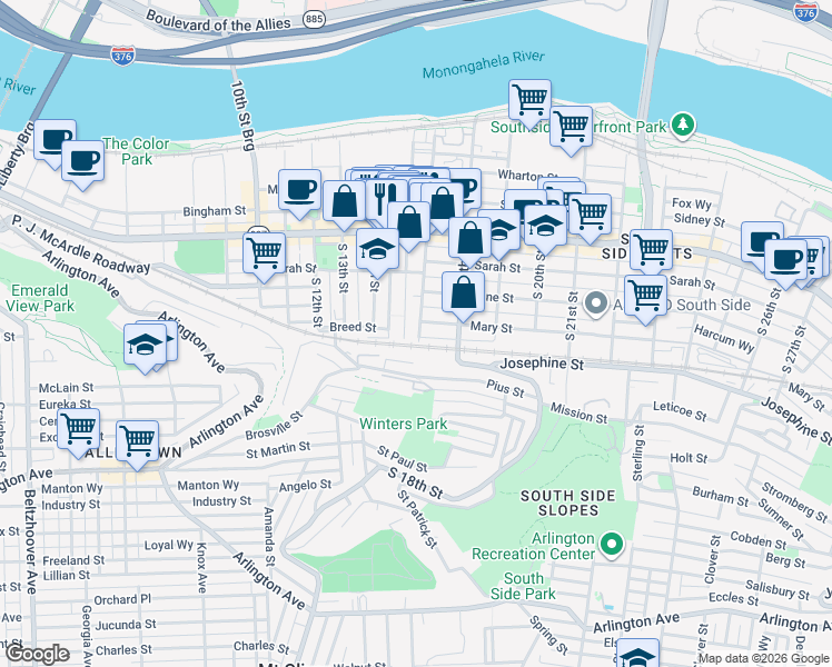 map of restaurants, bars, coffee shops, grocery stores, and more near 166 South 16th Street in Pittsburgh