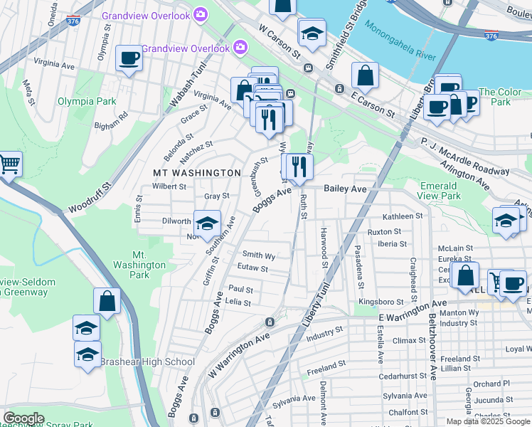 map of restaurants, bars, coffee shops, grocery stores, and more near 121 Boggs Avenue in Pittsburgh