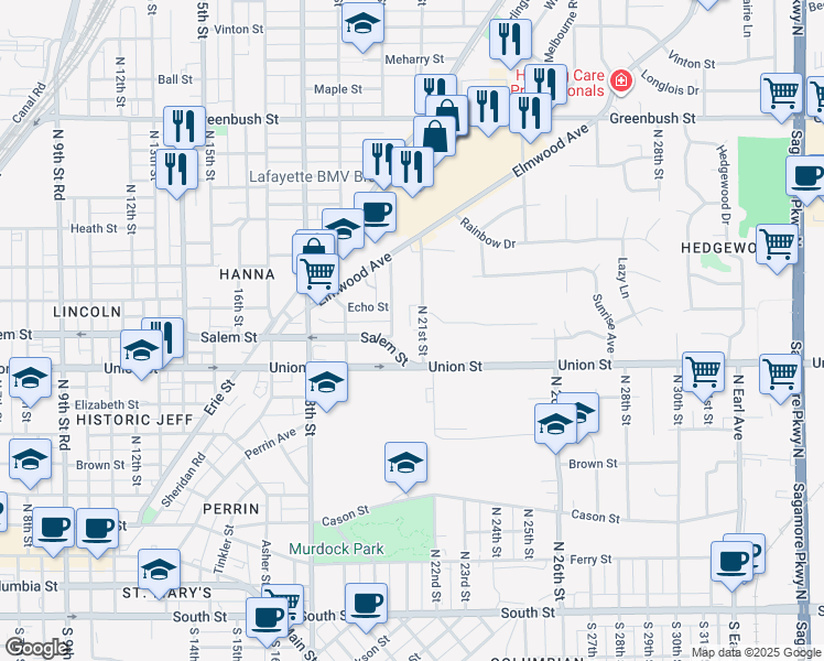 map of restaurants, bars, coffee shops, grocery stores, and more near 1001 North 20th Street in Lafayette