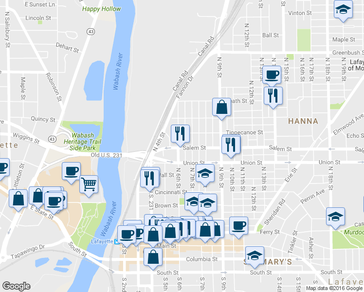 map of restaurants, bars, coffee shops, grocery stores, and more near 915 North 6th Street in Lafayette