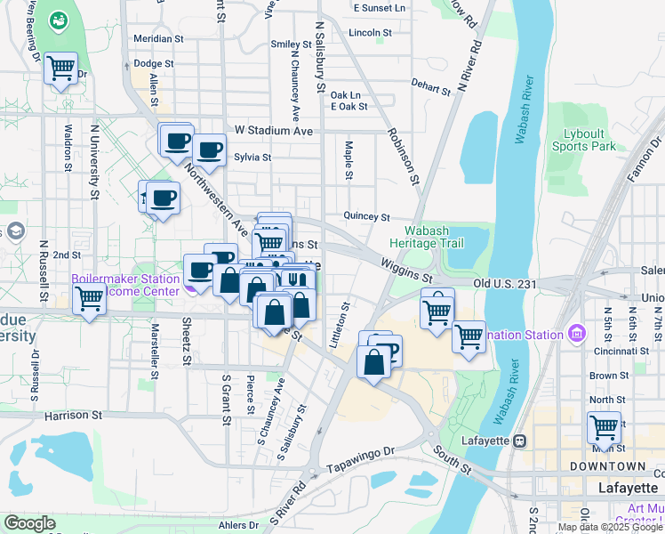map of restaurants, bars, coffee shops, grocery stores, and more near in West Lafayette