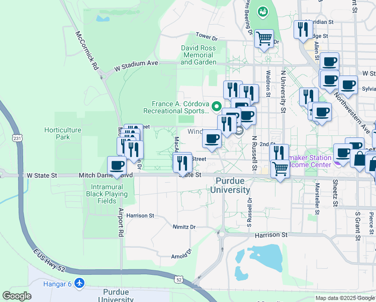 map of restaurants, bars, coffee shops, grocery stores, and more near 1275 3rd St in West Lafayette