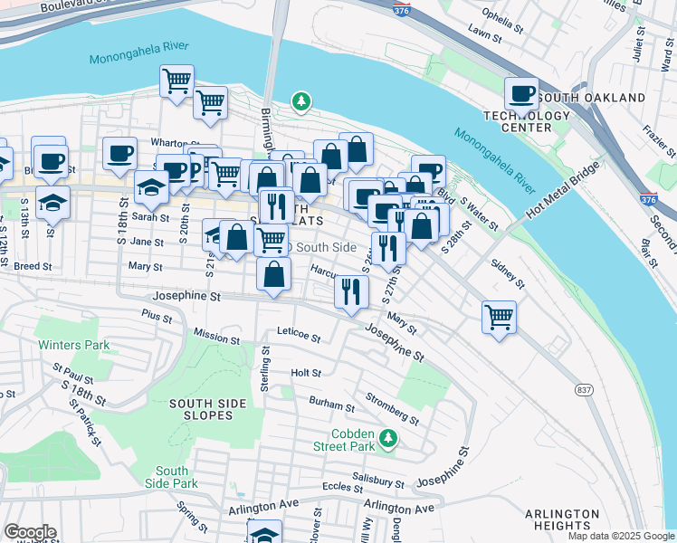 map of restaurants, bars, coffee shops, grocery stores, and more near 2412 Larkins Way in Pittsburgh