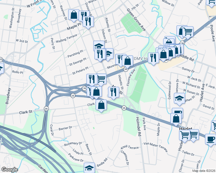map of restaurants, bars, coffee shops, grocery stores, and more near 500 Broad Street in Keyport