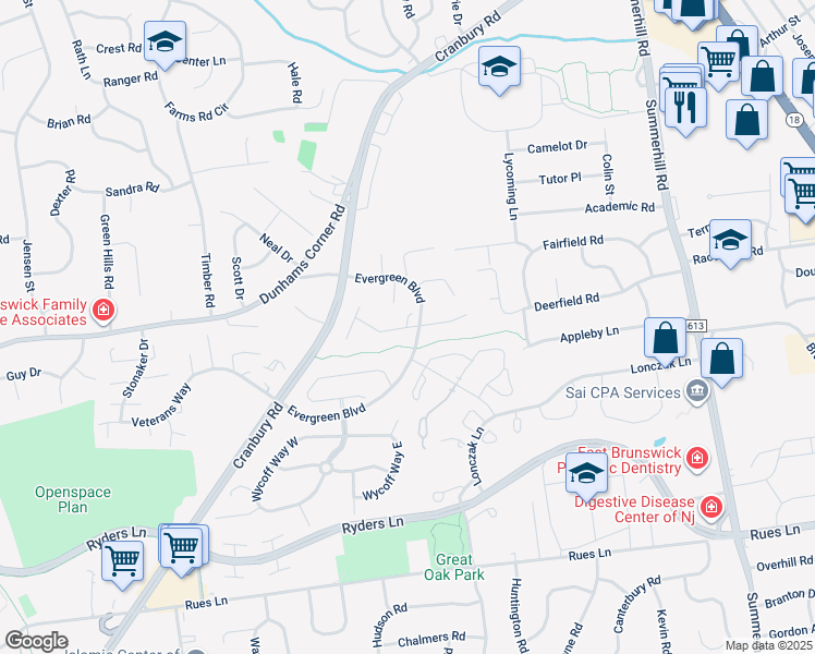 map of restaurants, bars, coffee shops, grocery stores, and more near 1 Norman Court in East Brunswick