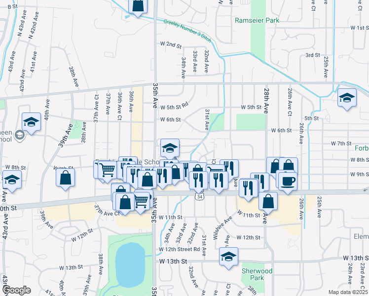 map of restaurants, bars, coffee shops, grocery stores, and more near 3300 West 6th Street in Greeley