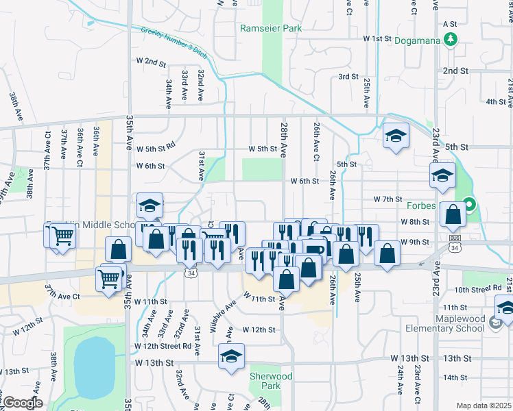 map of restaurants, bars, coffee shops, grocery stores, and more near 2901 West Harp Court in Greeley