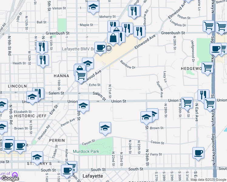 map of restaurants, bars, coffee shops, grocery stores, and more near 829 North 21st Street in Lafayette