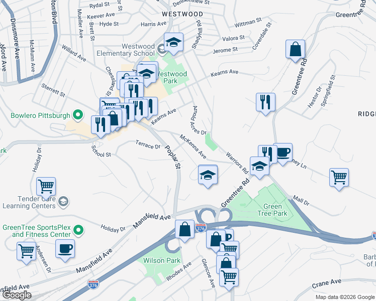 map of restaurants, bars, coffee shops, grocery stores, and more near 107 Ringold Avenue in Pittsburgh