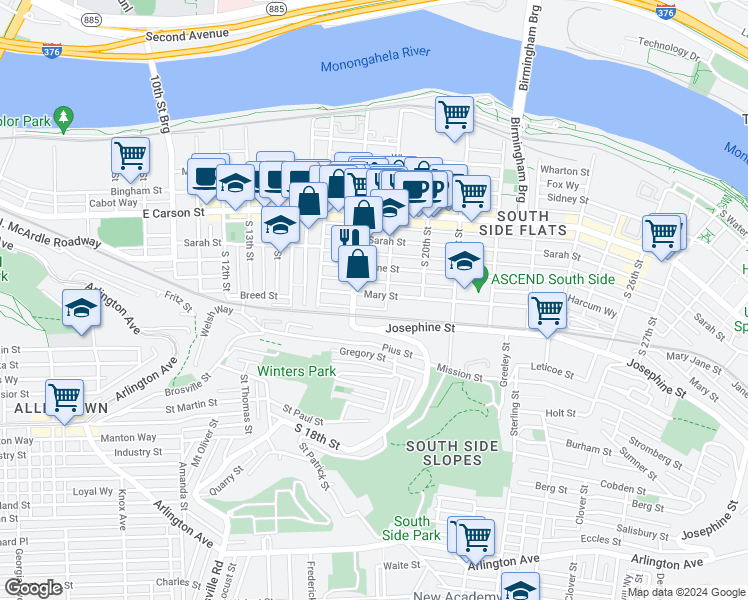 map of restaurants, bars, coffee shops, grocery stores, and more near 1822 Mary Street in Pittsburgh