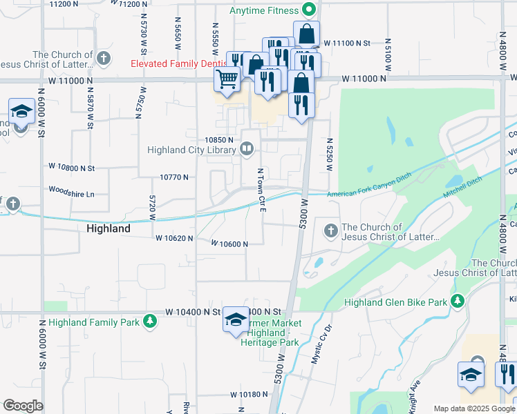 map of restaurants, bars, coffee shops, grocery stores, and more near 10645 North 5400 West in Highland