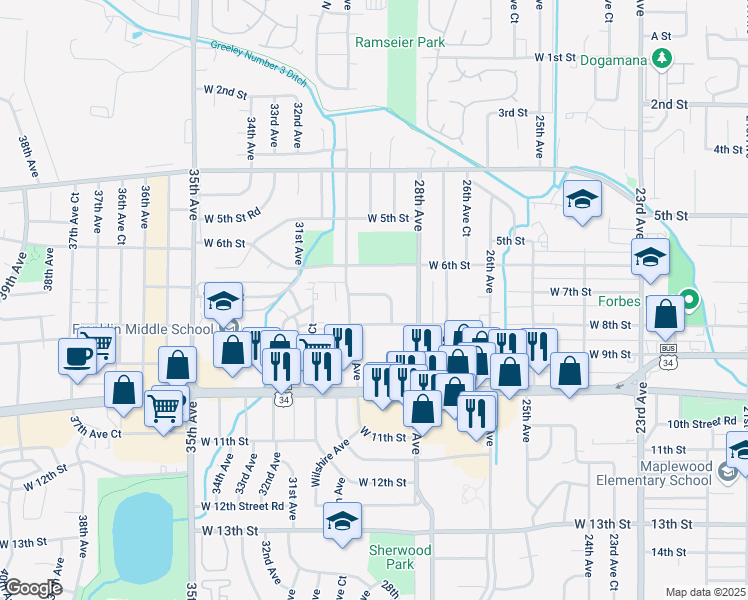 map of restaurants, bars, coffee shops, grocery stores, and more near 2901 West Harp Court in Greeley