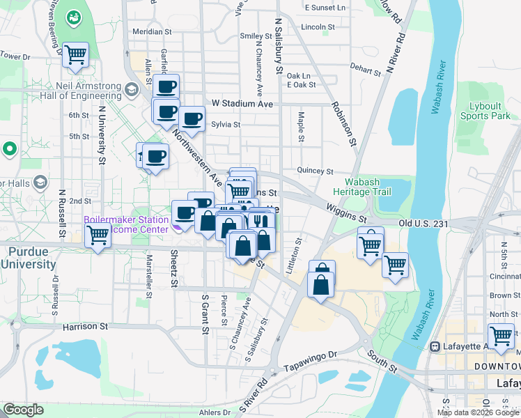 map of restaurants, bars, coffee shops, grocery stores, and more near 306 North Chauncey Avenue in West Lafayette